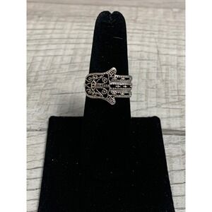 Silver Tone Hamsa Hand Filigree Evil Eye Statement Ring Size 7.5 Boho Protection